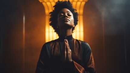 Spiritual black woman in prayer. The concept of deep faith - obrazy, fototapety, plakaty