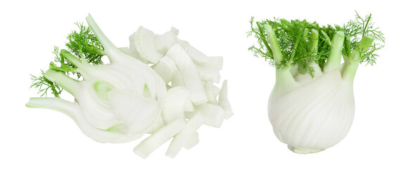 fresh fennel bulb half with slices isolated on white background with full depth of field. Top view. Flat lay