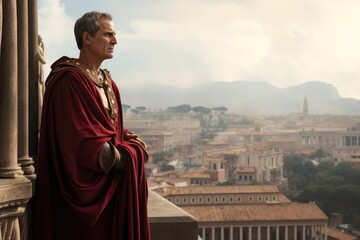 Fototapeta premium Rome's Splendor Through Imperial Eyes: The Emperor Beholds the Majestic City. Julius Caesar's Contemplation: Julius Caesar Gazing Upon the Magnificence of Ancient Rome - Ai Generative