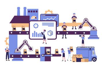 production mechanism, smart industry, worker are connected with colaboration flat style illustration