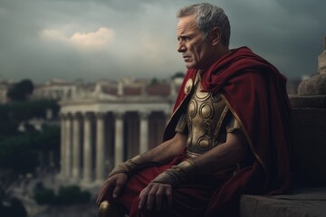 Rome's Splendor Through Imperial Eyes: The Emperor Beholds the Majestic City. Julius Caesar's Contemplation: Julius Caesar Gazing Upon the Magnificence of Ancient Rome - Ai Generative - obrazy, fototapety, plakaty