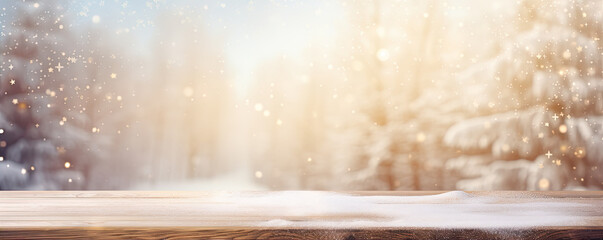 Empty wooden table in front of winter snowy background. copy space for text.