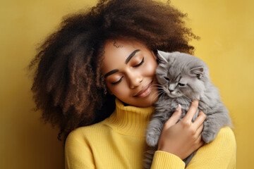 Portrait of cute young African American woman holding her adorable fluffy cat against yellow background - obrazy, fototapety, plakaty