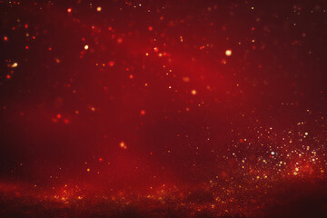 Golden abstract bokeh on red background. Celebrating Christmas, New Year or other holidays. - obrazy, fototapety, plakaty
