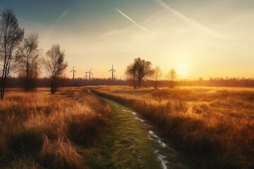 Naklejka na ściany i meble Sunset over a field with windmills during autumn. Generative AI