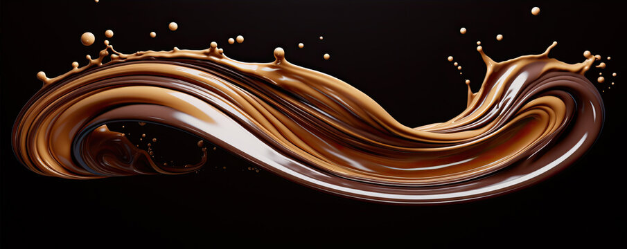 Milk brown chocolate splashes in the air on black background.