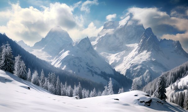 the beautiful snow covered mountains in winter with mountains and snow covered trees, medium format lens