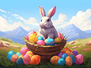 A cheerful cartoon Easter bunny sits in a basket among a collection of brightly painted eggs on a sunny spring day.