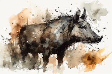 Ink painting of a boar in a watercolor style for a New Year's greeting card. Generative AI
