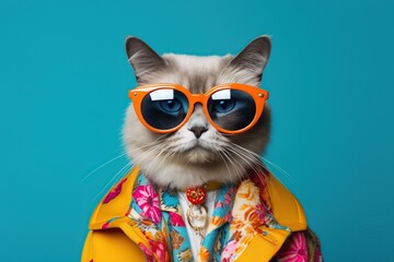 funny cat wearing colorful clothes on blue background, cat illustration, Generative Ai 