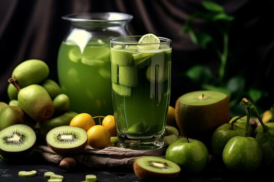 Refreshing homemade beverage made from green fruits and vegetables. Generative AI