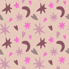 Cute patterns with stars, moons, hearts. Vector seamless pattern