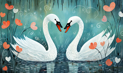 a cartoon of cute couples Swan in love