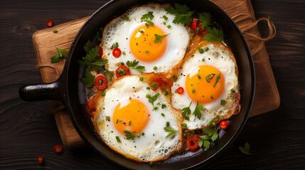 Fried eggs in a black pan top view