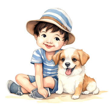 Watercolor Cute Boy And Dog Clipart Illustration