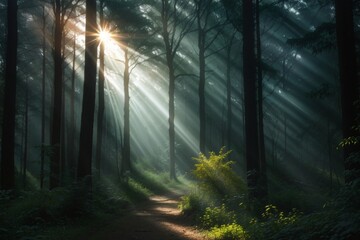 sunrise in the forest,sunrays Coming from sun to forest 