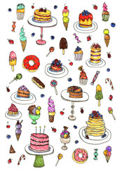 Set of desserts and bakery products in doodle style on transparent background. Illustration for bakery logo and shop, textile, poster, food design, docoration, bakery shop interior.