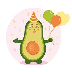 Cute avocado fruit with holiday balloons and confetti isolated on white background. Happy birthday greeting card. Cute character in cartoon style. Vector illustration.