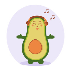 Cute musical avocado with headphones isolated on a white background. Avocado listening to music. Cute character in cartoon style. Vector illustration.
