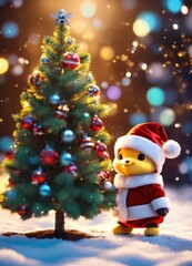 Fototapeta na wymiar AI Generative Super Cute Chibi Bees in Santa Hats Celebrate Christmas by a Snowy Tree with Presents