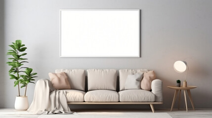 Stylish living room interior with mockup frame poster.