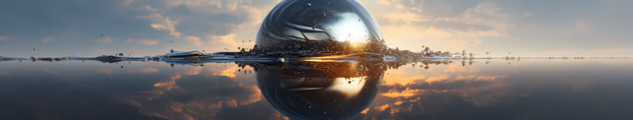 A liquid metal orb suspended in mid-air, its surface reflecting a distorted world around it - obrazy, fototapety, plakaty
