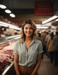 Young smiling woman  standing at the meat counter