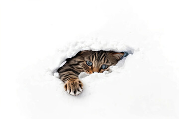 Obraz premium A cute siberian cat looks out of a hole in a white wall, a ragged hole, an empty frame for copying, a mock-up