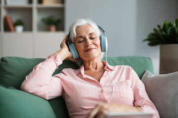 Naklejka premium a peaceful and relaxed senior woman listening to online music in headphones while lounging on a soft couch at home