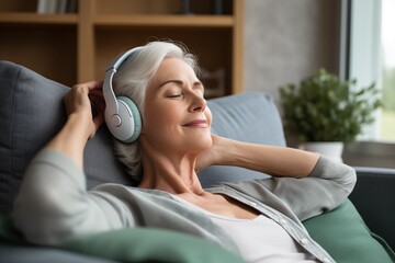 a peaceful and relaxed senior middle age woman listening to online music in headphones while lounging on a soft couch at home