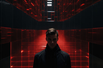 a man in the room of a server data center with a neon light, a hacker infects their system with a virus