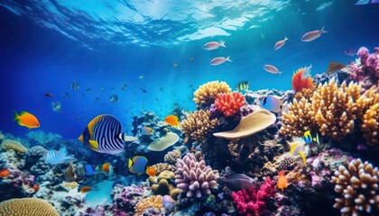 Fototapeta na wymiar Vibrant Coral Reef Life, Tropical Underwater Fishes in an Aquarium Oceanarium Panorama for Snorkel and Diving Enthusiasts