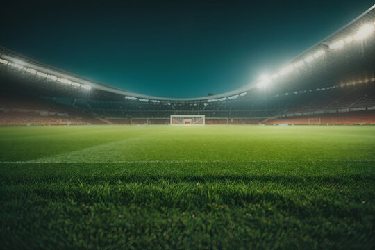 Lawn in the soccer stadium. Football stadium with lights. Grass close up in sports arena - background