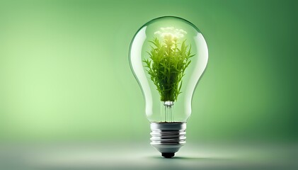 A light bulb with plants and leaves, symbolizing eco-friendliness and sustainability concept. Green innovative idea. Eco energy lightbulb symbol. Renewable clean energy.