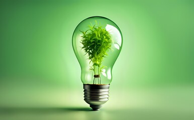 A light bulb with plants and leaves, symbolizing eco-friendliness and sustainability concept. Green innovative idea. Eco energy lightbulb symbol. Renewable clean energy.