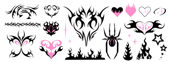 Y2k tattoo. Hearts with fire, butterfly, spider and gothic girly tribal abstract ornaments. Black silhouette. Modern retro stickers. 1990s, 2000s art. Cyber sigilism style, emo gothic vector icons - obrazy, fototapety, plakaty