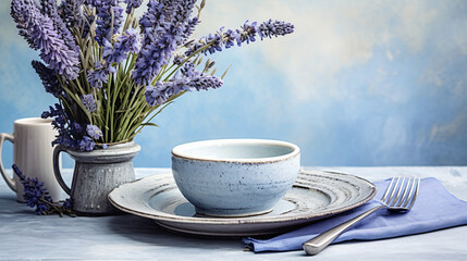 Summer time table set with blue stoneware and cutlery.
