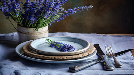 Summer time table set with blue stoneware and cutlery.