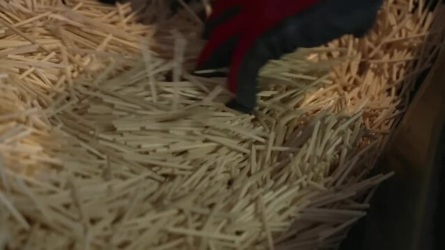 A mechanized line for the production of matches, where the blanks are sorted and the composition of the match head is skillfully applied to obtain a stable result.