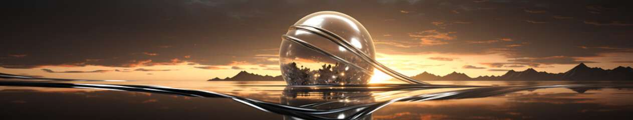 A liquid metal orb suspended in mid-air, its surface reflecting a distorted world around it