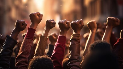 United Against Racism: A Diverse Crowd of People Raised Fists While Marching for Equality and Inclusion - Ai Generative - obrazy, fototapety, plakaty