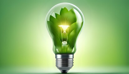 A light bulb with plants and leaves, symbolizing eco-friendliness and sustainability concept. Green innovative idea. Eco energy lightbulb symbol. Renewable clean energy.
