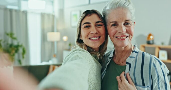 Face, selfie and woman with senior mother in a living room with memory, moment or bond. Portrait, profile picture and female person with old mom in a living room smile for social media, blog or post