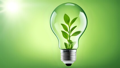 A light bulb with plants and leaves, symbolizing eco-friendliness and sustainability concept. Green innovative idea. Eco energy lightbulb symbol. Renewable clean energy.