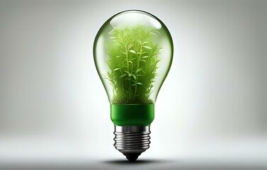 A light bulb with plants and leaves, symbolizing eco-friendliness and sustainability concept. Green innovative idea. Eco energy lightbulb symbol. Renewable clean energy.