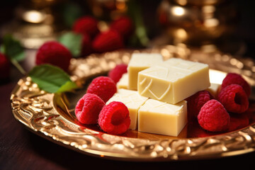 Luxury, fine white chocolate with raspberry on a plate close up