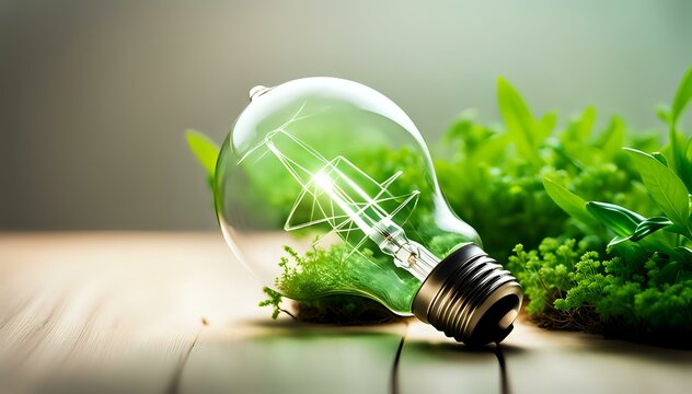 A light bulb with plants and leaves, symbolizing eco-friendliness and sustainability concept. Green innovative idea. Eco energy lightbulb symbol. Renewable clean energy.