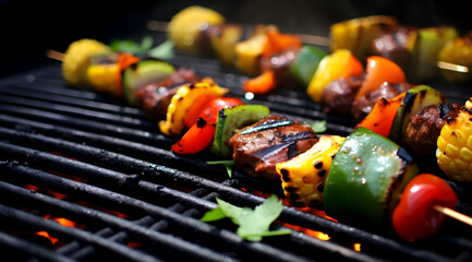 Naklejka premium Succulent skewers of marinated meat and colorful vegetables grilled to perfection on a barbeque grill.
