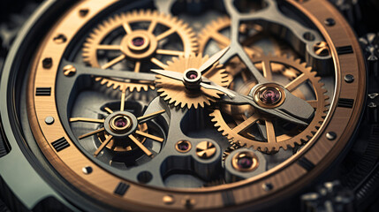 Fototapeta na wymiar Gears and cogs in clockwork watch mechanism Craft