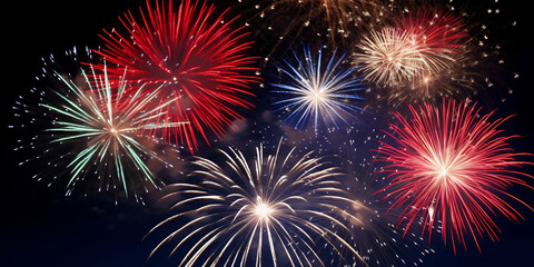 sparkling colorful fireworks exploding in the night sky, festival Party celebration holiday backgrounds